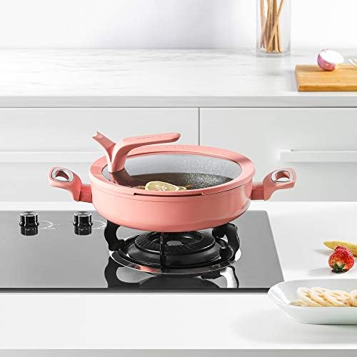 Haufson Pink Griddle Pan with Lid,Skillet Pan with Lid, Induction Pan, Non Stick Pan(26cm)