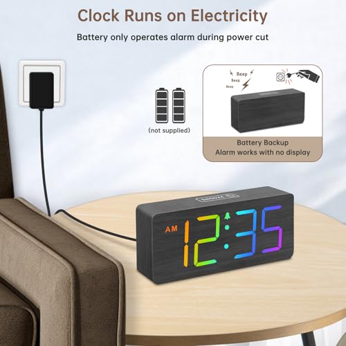 Image of DreamSky Wooden Digital Alarm Clock for Bedroom, Living Room Desk | RGB Loud Alarm Clock for Heavy Sleepers with Volume Control, Large Numbers with Dimmer, Office Wood Decor (Plug in Clock)