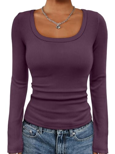 ATHMILE Womens Long Sleeve Scoop Neck Ribbed Knit Fitted Casual Tops Tee Fall Slim Basic Shirts A-Purple