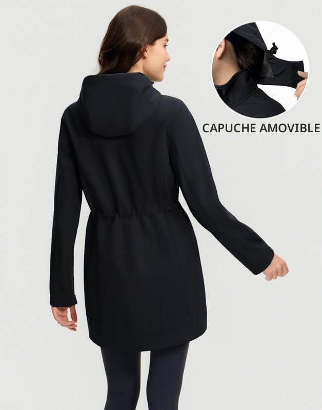 Pioneer Camp Softshell femme longue - vestes de randonnée softshell avec capuche - Imperméable et coupe-vent - Taille réglable - Parka de pluie avec fermeture éclair - Poches pour la randonnée