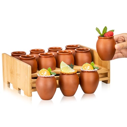 SUN GKOTTA 12Pcs 2oz/60ml Cantaritos De Barro Mexicanos with holder,Mini Jarritos De Barro Mexicanos Pottery Cocktail Glasses,Mexican Shot Glasses Taco Tuesday Cups For Celebration,Tequila,Margaritas