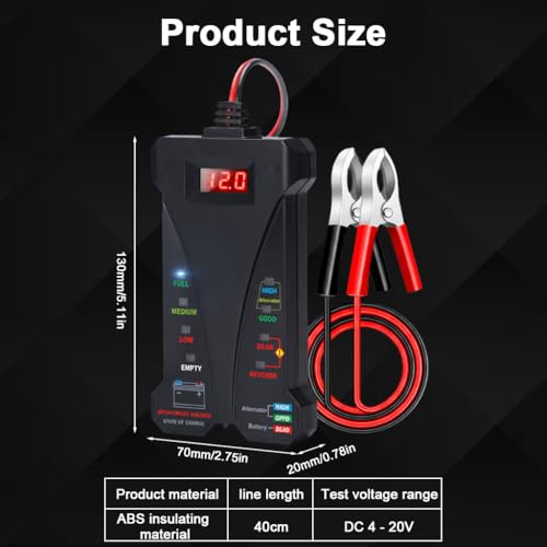 Image of STHIRA 12V Digital Car Alternator Battery Tester LED Display Status Indicators Alligator Clips Reverse Polarity Protection Quick Diagnostics for Cars Motorcycles Boats Battery Voltage Meter