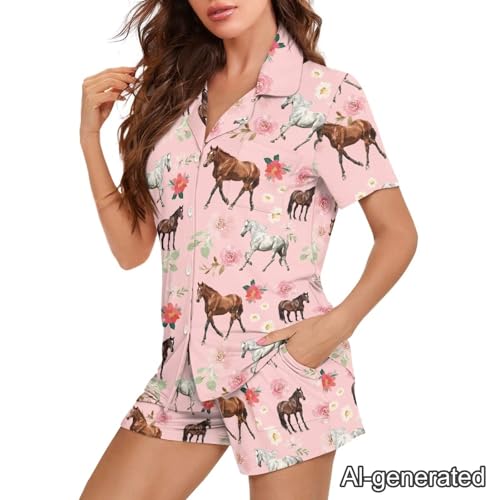 Image of Renewold Women's Short Sleeve Pajama Set Button Down Sleepwear with Notch Collar Soft Lounge Top and Shorts with Pockets