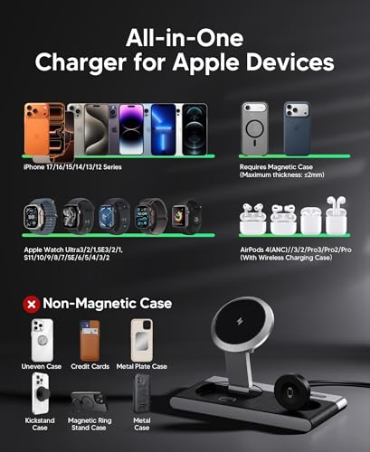 Image of 3 in 1 Magnetic Wireless Charging Station for Apple Devices,Foldable Wireless Charger Stand for Magsafe iPhone 17 Air 16 /15 /14 /13 /12,Apple Watch,AirPod,Wireless Charger Dock with Night Light