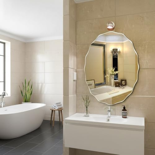 Image of Frameless Oval Shape Beveled Wall Mirror - 24x18 Inch | Glass Mirror for Wall Decoration | Unframed Decorative Vanity Mirrors for Bathroom, Living Room, Wash Basin, Bedroom