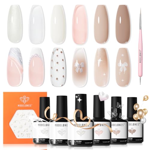 modelones Gel Nail Polish, 6 Colors Milky White Nude Beige Jelly Shimmer Gel Polish Set with Stickers &amp; Liner Brush for DIY French Nails Polka Dot Nails Soak Off Nail Art Kit Manicure Salon