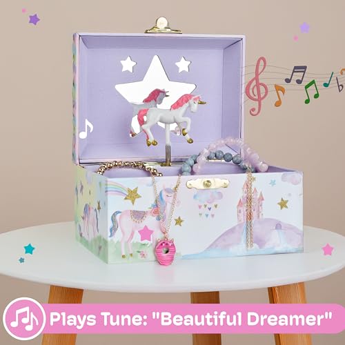 Image of Jewelkeeper Girl's Musical Jewelry Storage Box with Spinning Unicorn, Glitter Rainbow and Stars Design, The Beautiful Dreamer Tune