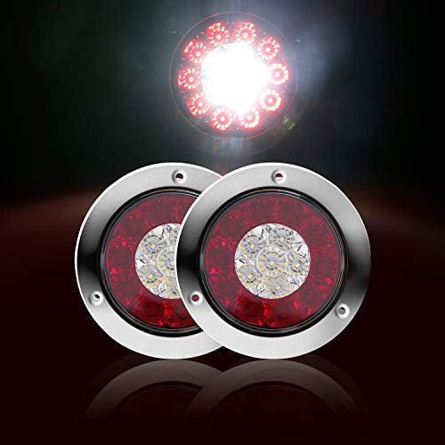 Auovo Round LED Truck Trailer White/Red Taillights with Stainless Steel Rings DC 12V Waterproof Stop Brake Running Reverse Backup Lights Tail Lamps for RV Trailer (2 Pcs Red/White) - Thumbnail 3