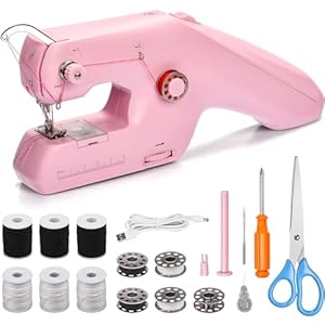 Onherm Handnähmaschine Tragbare Elektrische, Doppelfaden Handnähmaschine Ausgestattet mit Nadel und Faden, Einfach Anzuwenden, Für Anfänger und Kinder, Anwendbar auf Kleidung, Vorhänge (Rosa)