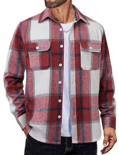 COOFANDY Mens Flannel Shirt Regular Fit Checkered Shirts Lightweight Overshirt with Pockets