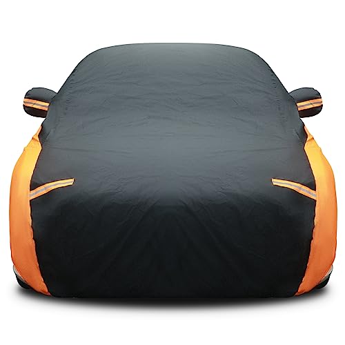 Riakrum Full Car Cover Waterproof All Weather for Automobiles Windproof Cover Rain UV Protection Sun Scratch Resistant Outdoor Universal(Fit Sedan Length (185-193'') 70'' H,Black, Orange) by Riakrum - Used condition - US$33.45