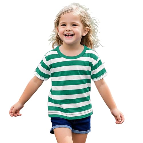 Boys Girls Striped Shirts Cotton Rainbow Shirt Toddler Kids Short Sleeve Crew Neck Summer Trendy (Green, 11-12 Years)