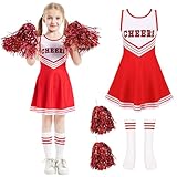 MAXHJX Disfraz Carnaval de Animadora para Niñas: Disfraz Cheerleader Niña con Pompones Calcetines - Uniforme Cheerleader para Carnaval Cosplay Competición Deportiva y Fiestas (Rojo, 150(10-11 Años))