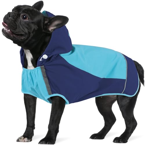 IECOii Dog Raincoat,Waterproof Rain Coat for Small Dogs,Adjustable Pet Rain Jacket with Hood,Lightweight Doggy Raincoats with Reflective Stripes,Blue,Small