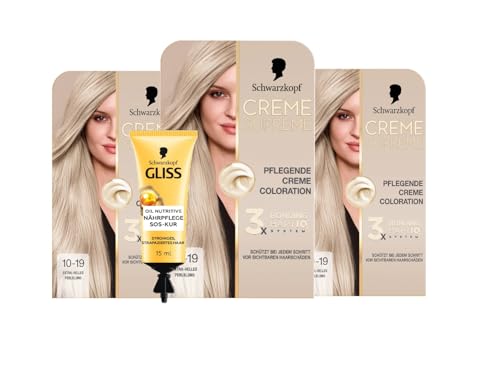 Schwarzkopf Creme Supreme Coloration 10-19 Extra-Helles Perlblond (3x182 ml), dauerhafte Haarfarbe & GLISS SOS-Intensiv-Kur Oil Nutritive 15ml, natürlicher Glanz und Geschmeidigkeit