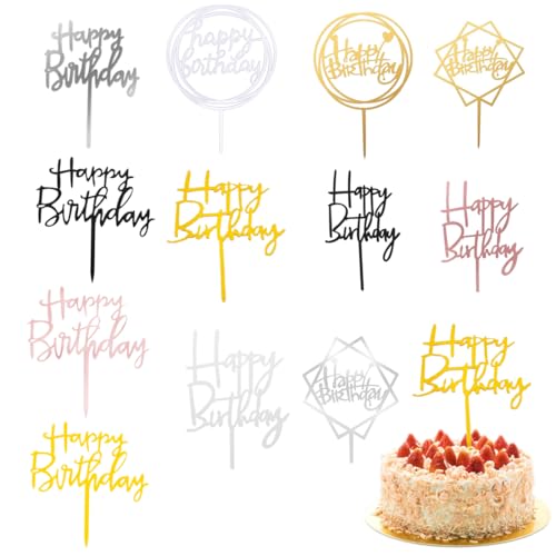 GHPKOTW 12 Piezas Decoración de Tartas de Cumpleaños, Topper Tarta de Feliz Cumpleaños, Decoración para Fiestas de Cumpleaños, Acrílico Cake Topper, Decoración de Pastel de Cumpleaños