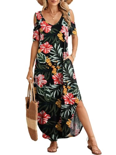Image of BELAROI Womens Cold Shoulder Maxi Dress Plus Size V Neck Summer Sundresses with Pockets Beach Coverup Vacation Outfits
