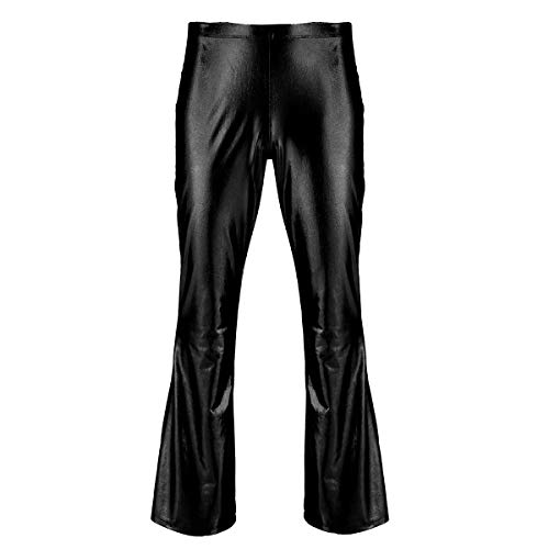 inlzdz Pantalón Retro de Los Años 70 para Hombre Brillante Pantalones Largos de Danza Disco Campana Metálico Ropa Escénica Clubwear Negro XX-Large