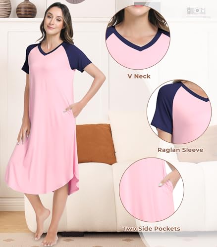 Image of NACHILA Women's Nightgowns-Viscose Made from Bamboo, Soft Sleepshirt Short Sleeve Nightshirt V Neck Sleepwear Cool Loungewear