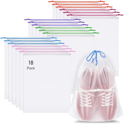 Travel Shoe Bags 18 Pack, Clear, Large Waterproof, Colorful Drawstring - Essential Storage for Women and Men