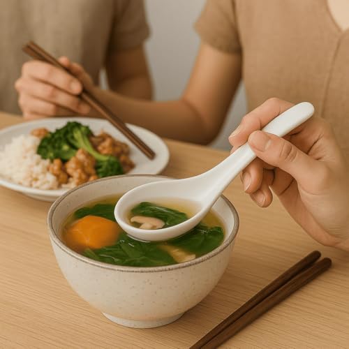 Image of Asian Soup Spoons Set - Durable Melamine Spoon for Ramen, Miso, Japanese & Chinese Soups - Comfortable Grip, Dishwasher Safe & Long-Lasting - Perfect for Home & Restaurant Use | One Set / 6PCS
