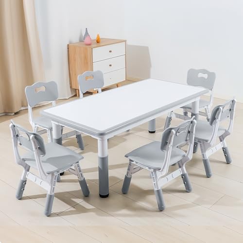 XALOVEF Kids Table and Chairs Set, Height Adjustable Desk With 6 Seats, Arts & Crafts Table, Non-Slip Legs, Max 300lbs, Children Multi-Activity Table for Family Gathering, Classrooms (Grey)