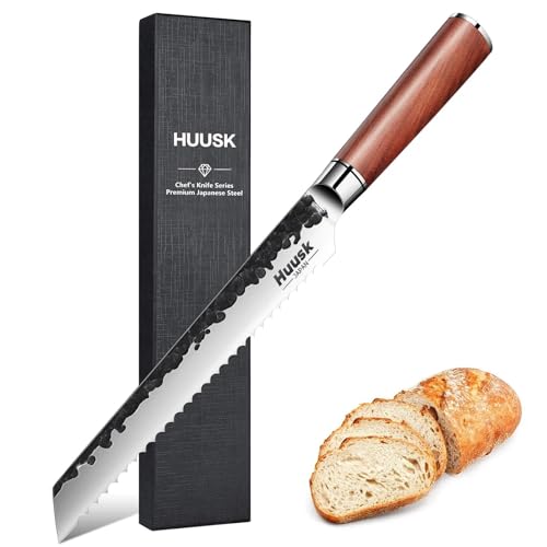 Huusk Serrated Bread Knife 8 inch, Upgraded Carbon Steel Japanese Bread Knife, Breads Slicing Knives for Cutting Homemade Breads, Bagel and Sourdough with Gift Box, Christmas Gifts for Men and Women
