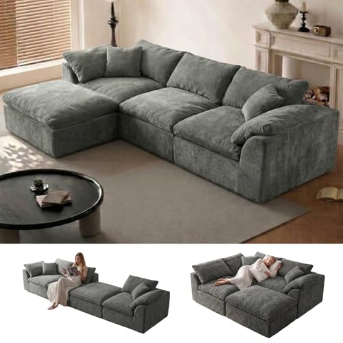 Image of Cloud Couch Sectional for Living Room, Modular L Shaped Boneless Sofa with Chaise, Compressed No Assembly Couch, Deep Seat Chenille Upholstered Convertible Sofa Bed (Grey)