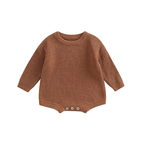 woshilaocai Baby Boy Girl Sweater Oversized Long Sleeve Romper Warm Crewneck Onesie CuteToddler Knitted Winter Clothes (12-24 Months,Pale Brown)