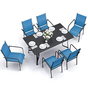7-Piece Outdoor Patio Dining Set – 6 Stackable Texlin Sling Chairs & 63″ Table, Weatherproof Low-Maintenance Furniture for Yard/Porch/Poolside/Garden, Includes Umbrella Hole-Blue