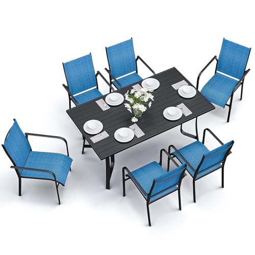 7-Piece Outdoor Patio Dining Set – 6 Stackable Texlin Sling Chairs & 63″ Table, Weatherproof Low-Maintenance Furniture for Yard/Porch/Poolside/Garden, Includes Umbrella Hole-Blue
