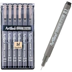 Artline 230 Drawing System Pens, Technical Drawing Pens For Drafting, Illustrating, and More, 0.1mm, 0.2mm, 0.3mm, 0.4mm, 0.5mm, and 0.8mm Fine Tips - Black, 6-Pack