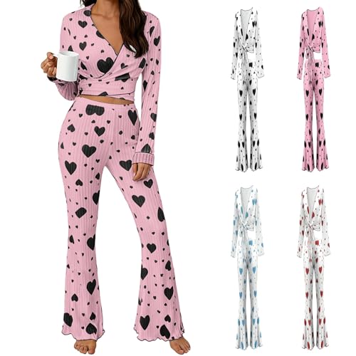 Womens Pyjamas Set Heart Womens Long Sleeve Pyjamas Wide Leg Bottoms Sexy V Neck Tops With Flared Bottoms Cute Love Printed Sleepwear Spring Home Loungewear Girlfriend Valentine Nightwear
