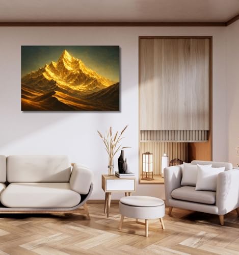 Image of Kunj Cart Gold Mountain Painting Vastu for Home & Office Wall Decor | Mountain Painting Vastu with Frame | Shining Sunset Abstract Art | Gold Mountains Canvas Painting (26x18 Inch, Framed)