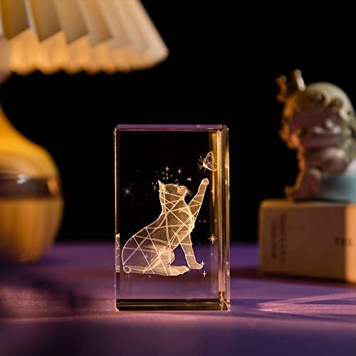 ERWEI Kryształowe prezenty 3D figurka kota grawerowana laserowo kot i motyl model szkło pamiątka prezenty dla miłośników kotów ozdoby kot prezenty dla kobiet
