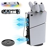 PS5 コントローラー 充電スタンド+PS5 Slim用冷却ファン【冷却+充電2-in1】PS5 Slim本体上部に設置 新型PS5 Slim対応 PS5 Slim用アクセサリーfor playstation5 silm 充電 RGBライト付 タッチスイッチ ヘッドホン収納 急速充電 過充電防止 USB-Cケーブル付 置くだけ充電可能 取付簡単 省スペース