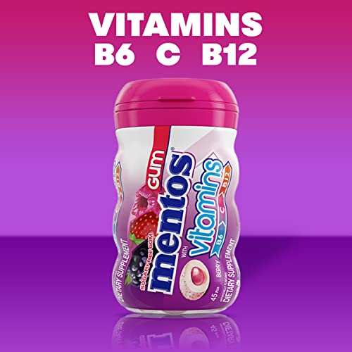 Image of Mentos Gum with Vitamins, Sugar-Free Chewing Gum with Xylitol, Berry Flavor, Vitamins B6, B12, & C, 45 Piece Bottle (Pack of 4)