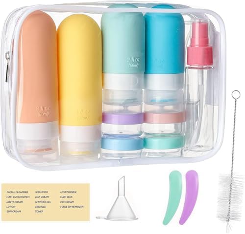 16Pcs Travel Bottles for Toiletries, Silicone Travel Bottles Set, TSA Approved, BPA Free Leak Proof Squeezable Tubes for Shampoo Conditioner Lotion Soap with Labels