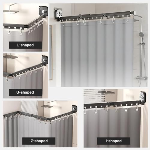 Duschvorhangstange - Ohne Bohren L/U Form Faltbar 3 Fold - Duschstange Shower Curtain Rail Flexibel Winkelverstellbar - Duschvorhang mit Starkem Saugnapf Stabile Bad Ecklösung Wasserdicht Wohnmobil