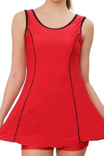 Image of BOSKY Women Frock Style One Piece Swimming Costume Stretchable Swimwear Ladies Swimsuit Flexible Fit Sleeveless Swim Dress Suit Set