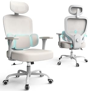 Bürostuhl Ergonomisch,Schreibtischstuhl Ergonomisch für das Homeoffice mit 3-stufiger Lendenwirbelstütze,Mesh Office Chair mit 3D-Armlehnen und 2D-Kopfstütze,Gaming Stuhl mit Neigungsfunktion,Grau