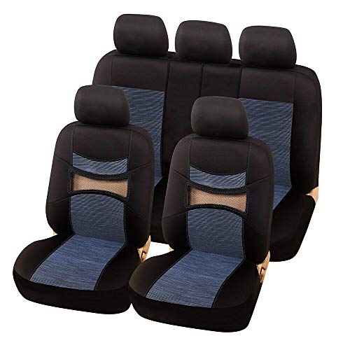 TOYOUN Universal Car Seat Covers Full Set Front Seat Covers &Rear Bench Cover Kit Jacquard Cloth Airbag Compatible Seat Covers Set Fit Most Cars Truck SUV Van Auto Seat Protector/Covers, Blue