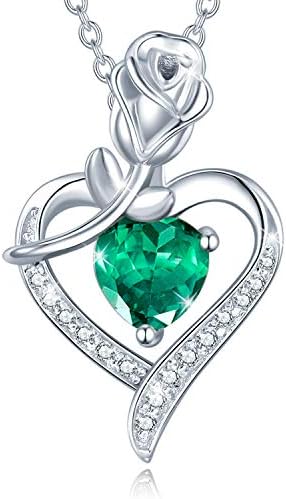 AGVANA May Birthstone Jewelry Emerald Necklace for Women Sterling Silver Rose Flower Heart Pendant Necklace Fine Jewelry Mothers Day Anniversary Birthday Gifts for Women Girls Mom Wife Lady Her