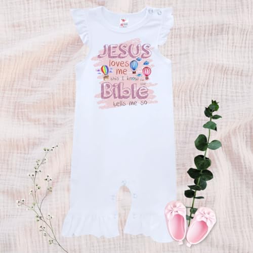 Jesus Loves Me Christian Baby Girl Clothes, Cute Infant Newborn Baby Clothes for Girls, Summer Baby Girl Romper Jumpsuit, Flutter Sleeves, Christian Gifts For Kids, New Baby.3