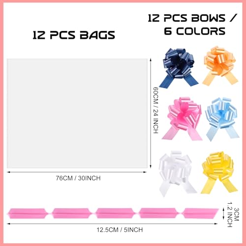Clear Cellophane Bags with Gift Bow 12 PCS 24x30 Inch Cellophane Gift Bags with 12 Pull Bows Cellophane Wrap For Gift Baskets 2.5 Mil Thick
