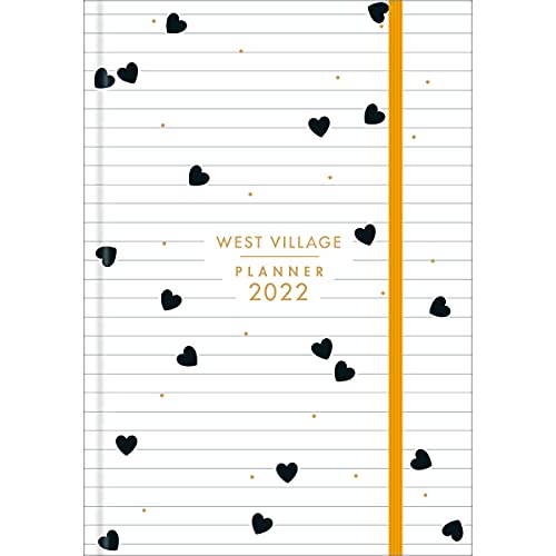 Planner Costurado 13,4 x 19,2 cm West Village 2022 - Estampa Fundo branco com listras e corações - T