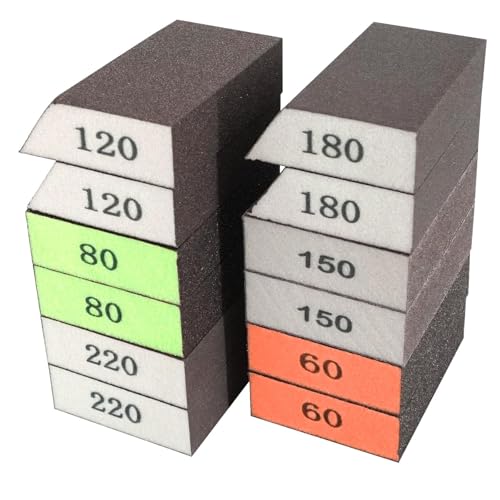 TayBong 12 Pcs Éponges de Ponçage 60/80/120/150/180/220 Grains, Éponge Réutilisable Lavable pour Bois, Métal, Cale à Poncer pour Carrosserie, Mousse de...