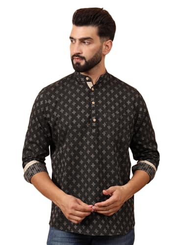 Image of LATEST CHIKAN Men's Cotton Regular Self Design Short Kurta Full Sleeves - Casual Ethnic Wear