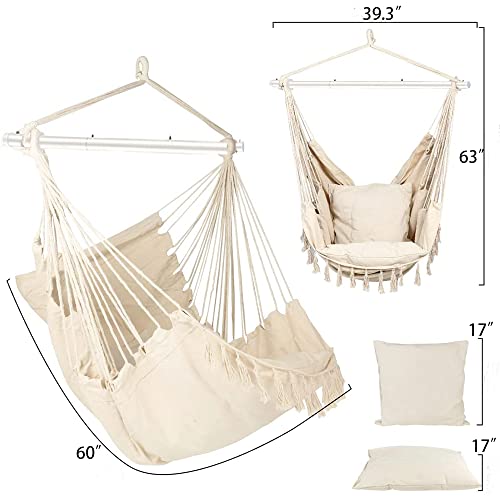 Klhamky Hammock Chair Swing With Hanging Hardware Kit- Beige, Cotton Canvas, Include & Two Seat Cushions, For Bedroom Indoor Outdoor, Max. Weight 330 Lbs (Beige, 59'' X 47'') #TOP1