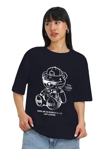 Image of JUNEBERRY 100% Pure Cotton Oversized Loose Baggy Fit Drop Shoulder Half Sleeve Round Neck Cool Front Teddy Printed Cork & White T-Shirt for Women /Girls (Available in from S to 2XL)